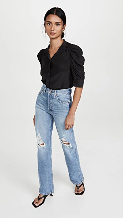 Frame Pleated Puff-sleeve Silk Mockneck Top In Noir