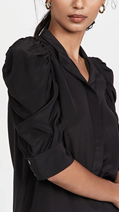 Frame Pleated Puff-sleeve Silk Mockneck Top In Noir