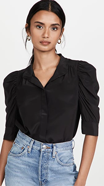 Frame Pleated Puff-sleeve Silk Mockneck Top In Noir