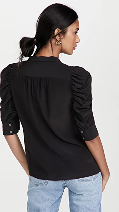 Frame Pleated Puff-sleeve Silk Mockneck Top In Noir