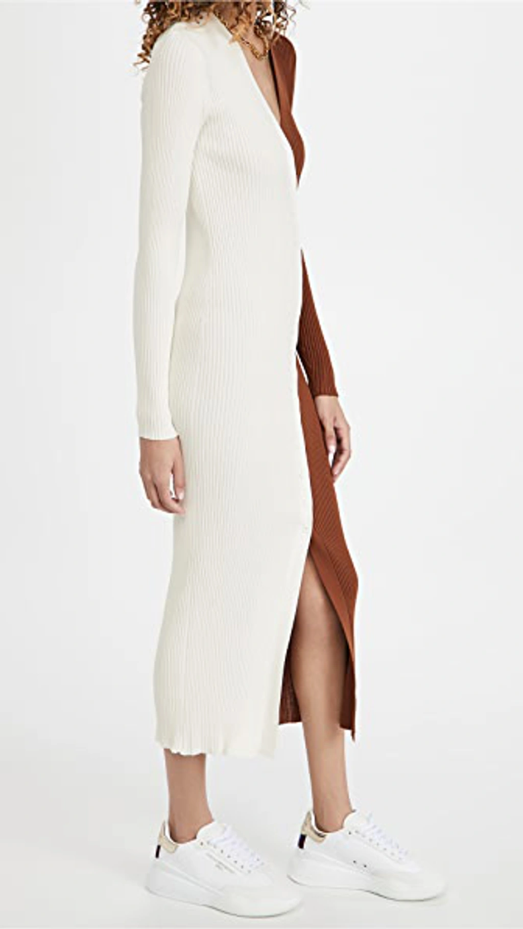 Staud Shoko Two-tone Ribbed Stretch-knit Cardigan In Tan