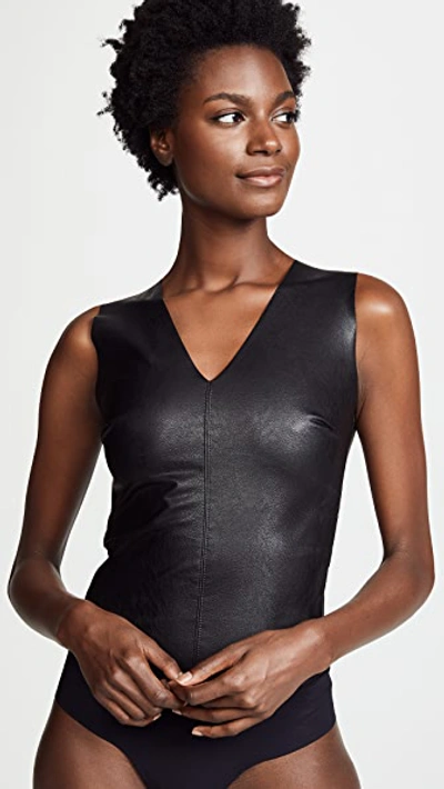 Shop Commando Faux Leather V Neck Bodysuit Black