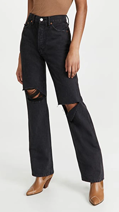 Shop Re/done High Rise Rigid Loose Jean Washed Black With Rips
