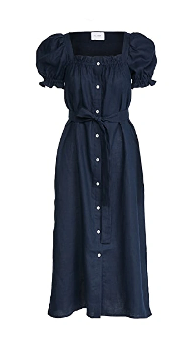 Sleeper Brigitte Belted Linen Midi Dress In Navy