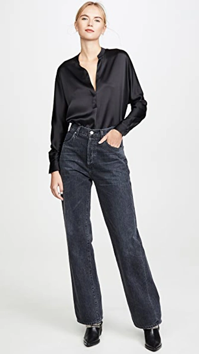 Vince Silk Satin Band Collar Blouse In Black