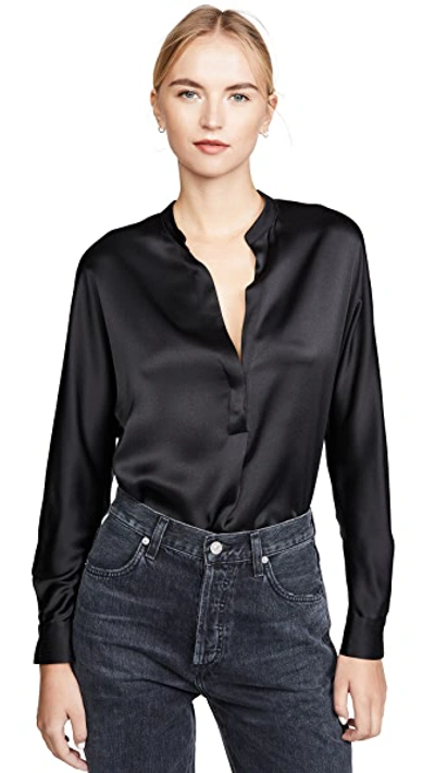 Vince Silk Satin Band Collar Blouse In Black