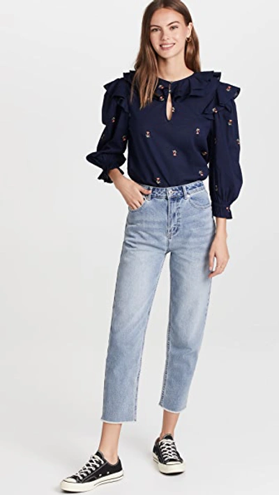 Shop Something Navy Embroidered Ruffle Top