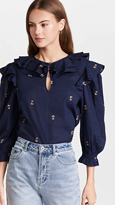 Shop Something Navy Embroidered Ruffle Top