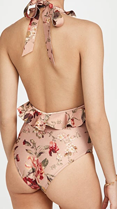 Shop Zimmermann Cassia Frill Wrap One Piece Swimsuit In Musk Floral