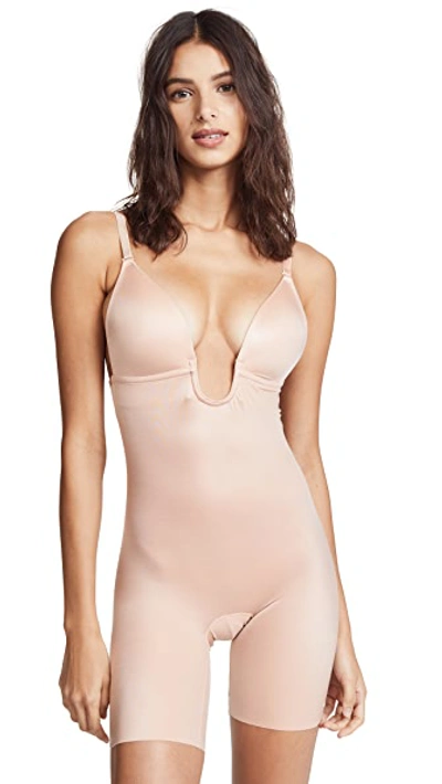 Shop Spanx Suit Your Fancy Plunge Low-back Mid-thigh Bodysuit Champagne Beige