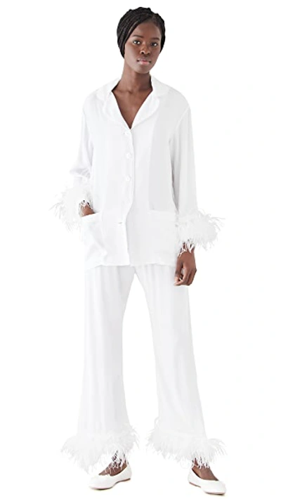 Sleeper Party Ostrich Feather-trim 2-piece Pajama Set In White/white
