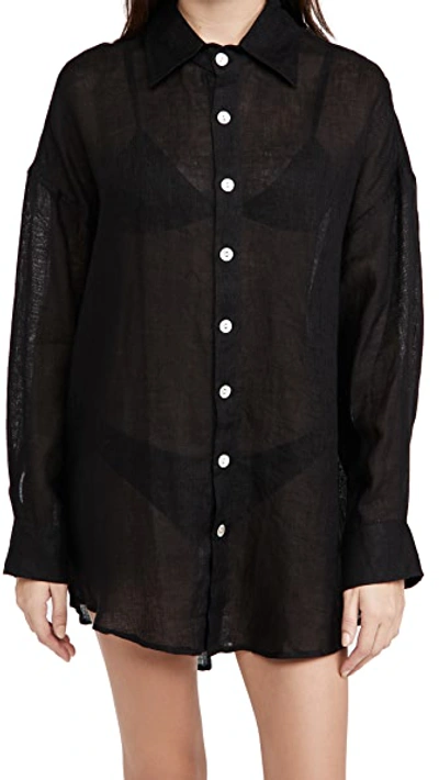 Vitamin A Playa Button-down Linen Shirtdress Coverup In Linen Gauze Black