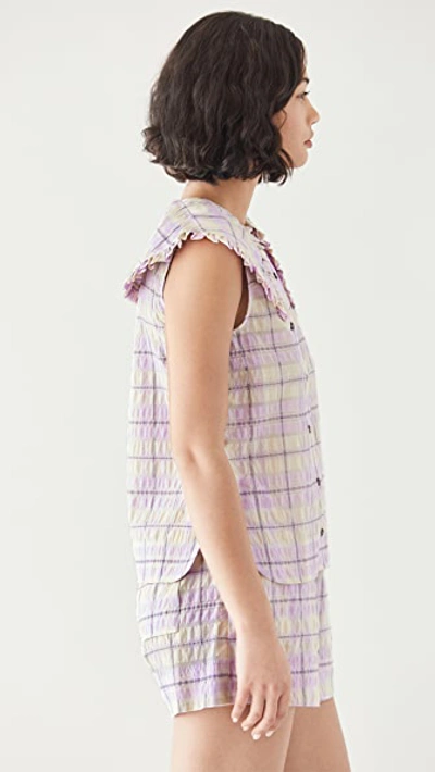 Shop Ganni Seersucker Check Shirt In Orchid Bloom