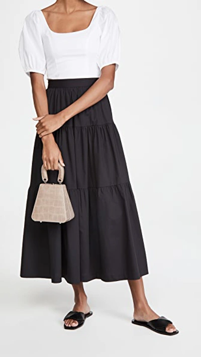 Staud Sea Tiered Stretch-cotton Poplin Midi Skirt In Black