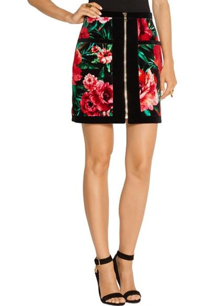 Shop Balmain Floral-print Velvet Mini Skirt In Red