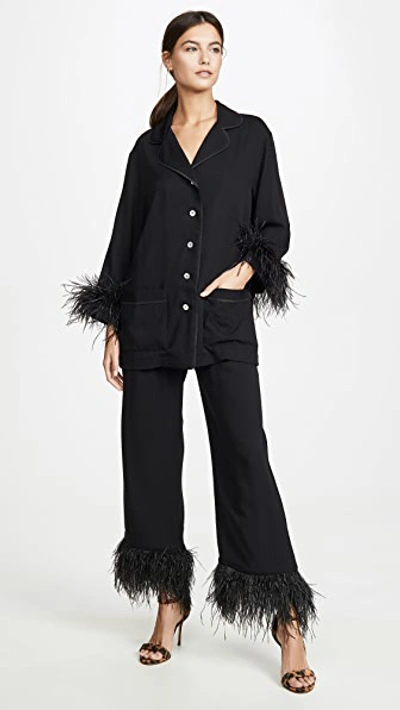 Sleeper Party Pajama Set With Double Feathers In Black