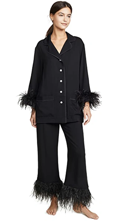 Sleeper Party Pajama Set With Double Feathers In Black