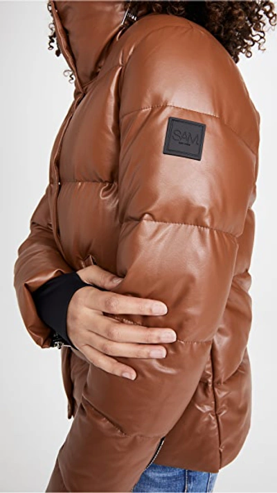 Sam Isabel Vegan Leather Puffer Down Jacket In Saddle