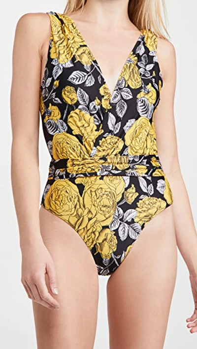 Shop Ganni Recycled Printed One Piece In Black