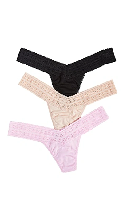 Hanky Panky Dream Original-rise Jersey Thongs 3-pack In Cotton Candy/black/chai