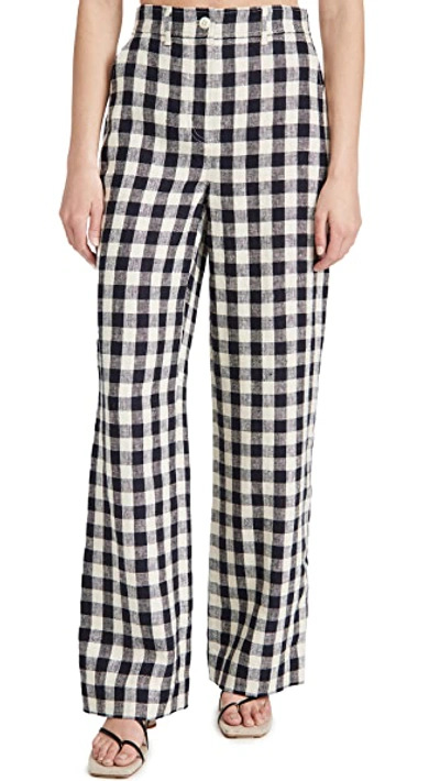 Shop Tory Burch Linen Gingham Pants In Tory Navy/natural Ivory