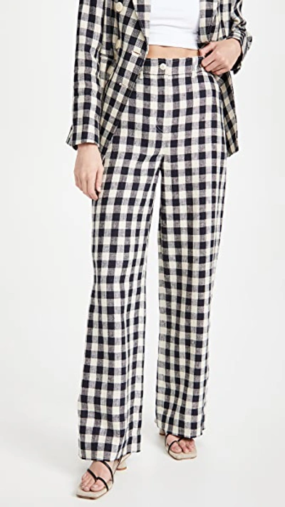 Shop Tory Burch Linen Gingham Pants In Tory Navy/natural Ivory