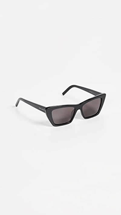 Shop Saint Laurent Narrow Cat Eye Sunglasses In Shiny Black/grey Green