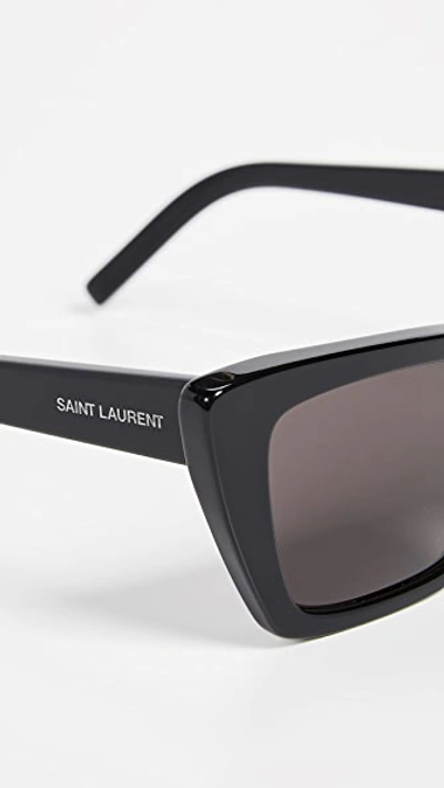 Shop Saint Laurent Narrow Cat Eye Sunglasses In Shiny Black/grey Green