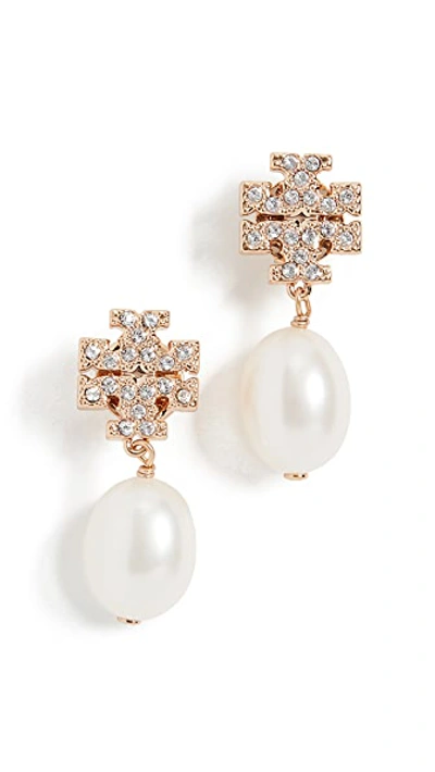 Shop Tory Burch Kira Pave Pearl Drop Earrings In Tory Gold/pearl