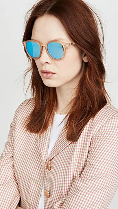 Shop Le Specs Bandwagon Sunglasses In Raw Sugar/ice Blue Revo Mirror