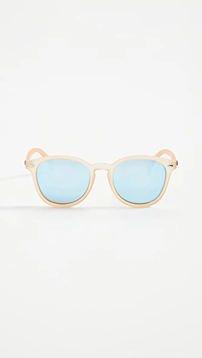 Shop Le Specs Bandwagon Sunglasses In Raw Sugar/ice Blue Revo Mirror