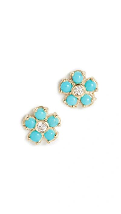 Shop Jennifer Meyer Jewelry Turquoise Flower Diamond Stud Earrings In Gold/turquoise