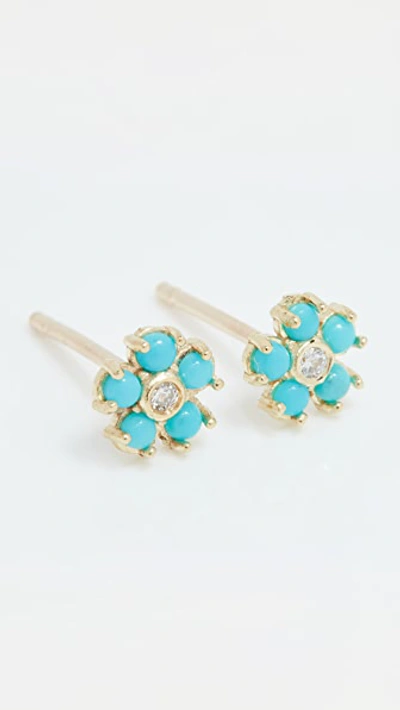Shop Jennifer Meyer Jewelry Turquoise Flower Diamond Stud Earrings In Gold/turquoise