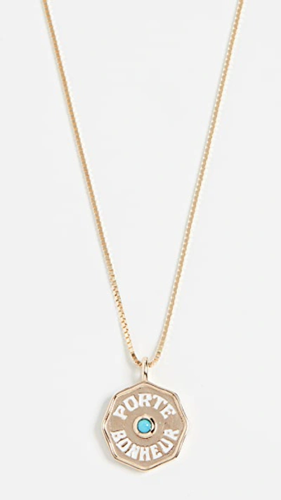 Shop Marlo Laz 14k Mini Porte Bonheur Coin Necklace In White/turquoise/gold