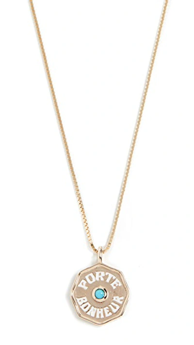 Shop Marlo Laz 14k Mini Porte Bonheur Coin Necklace In White/turquoise/gold