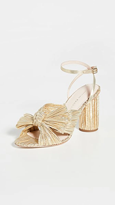 Shop Loeffler Randall Camellia Gold Pleated Bow Heel With Ankle Strap Gold