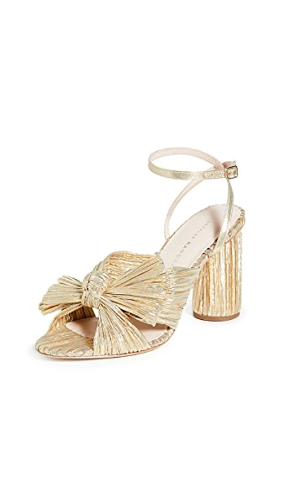 Shop Loeffler Randall Camellia Gold Pleated Bow Heel With Ankle Strap Gold
