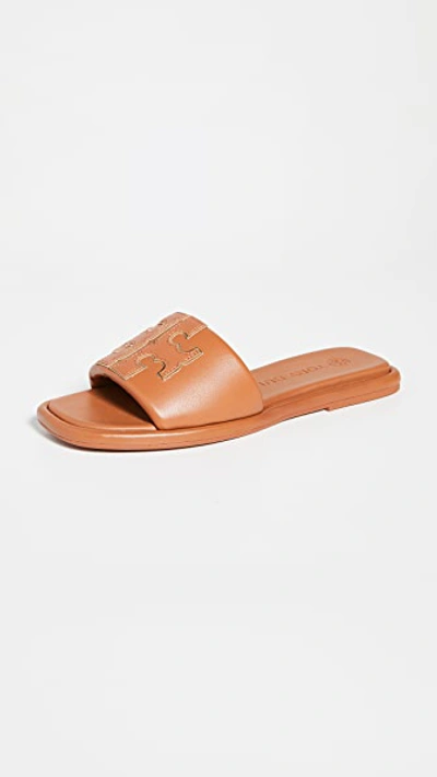 Shop Tory Burch Double T Sport Slides In Aged Camello/gold
