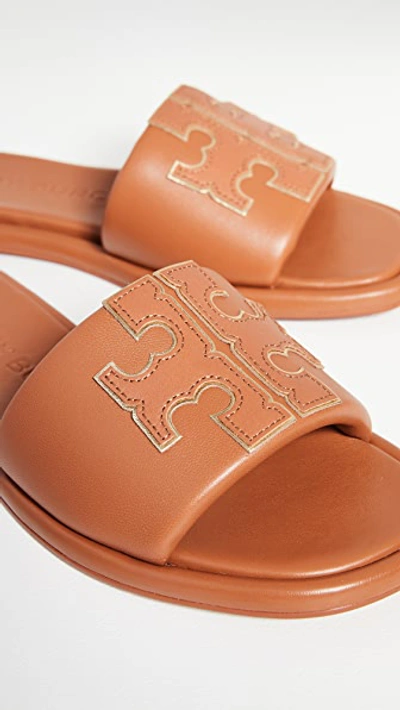Shop Tory Burch Double T Sport Slides In Aged Camello/gold