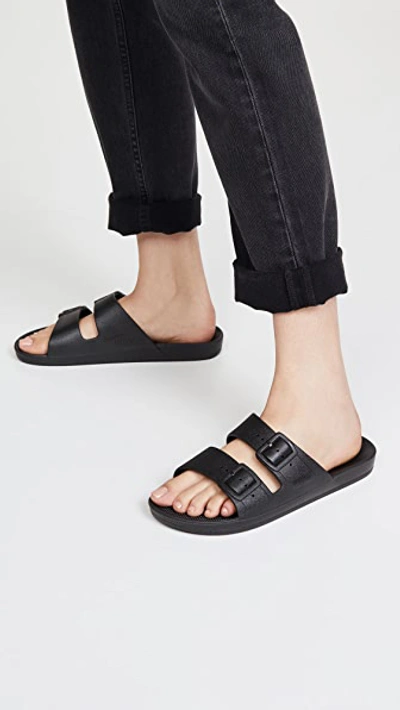 Freedom Moses Bond Velvet Two-strap Slides In Black