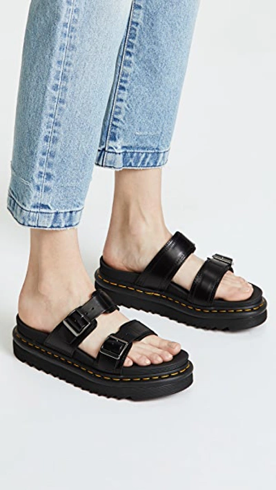 Dr. Martens' Myles Brando Leather Buckle Slide Sandals In Black