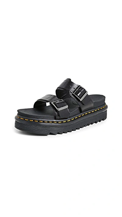 Dr. Martens' Myles Brando Leather Buckle Slide Sandals In Black