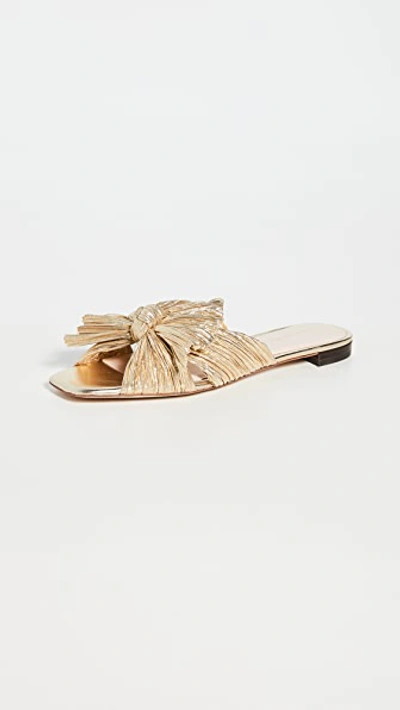 Loeffler Randall Daphne Bow-embellished Plissé-lamé Slides In Gold