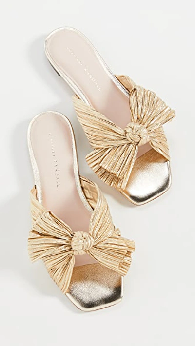Loeffler Randall Daphne Bow-embellished Plissé-lamé Slides In Gold