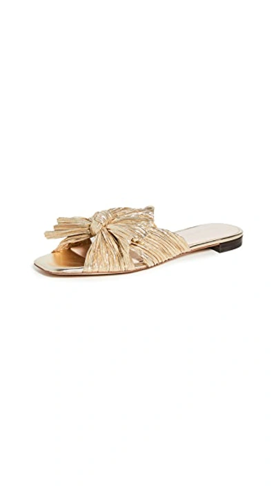 Loeffler Randall Daphne Bow-embellished Plissé-lamé Slides In Gold
