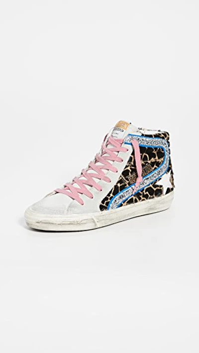 Shop Golden Goose Slide Sneakers In Animalier/silver Glitter/white