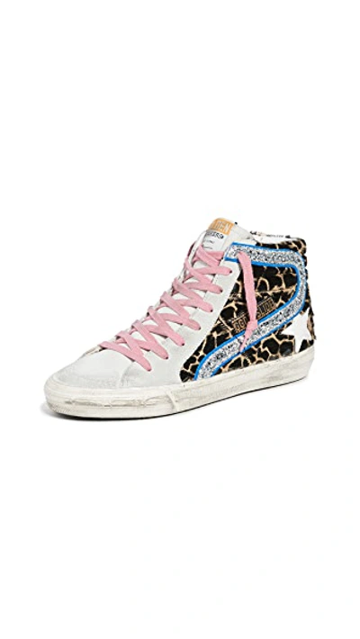 Shop Golden Goose Slide Sneakers In Animalier/silver Glitter/white