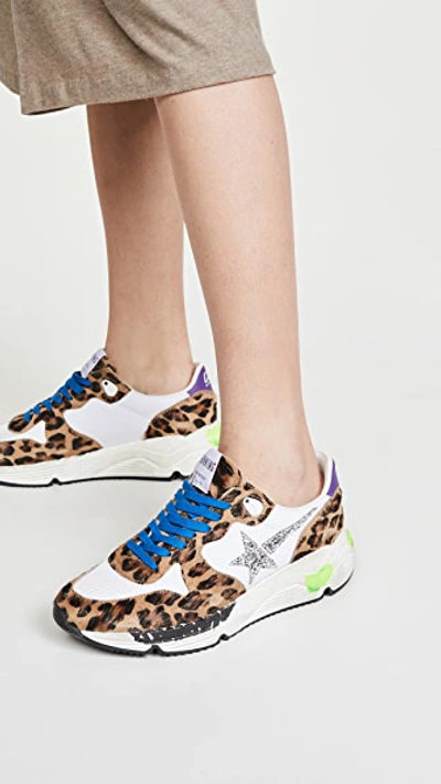 Shop Golden Goose Running Sole Sneakers In Leopard Pony/silver