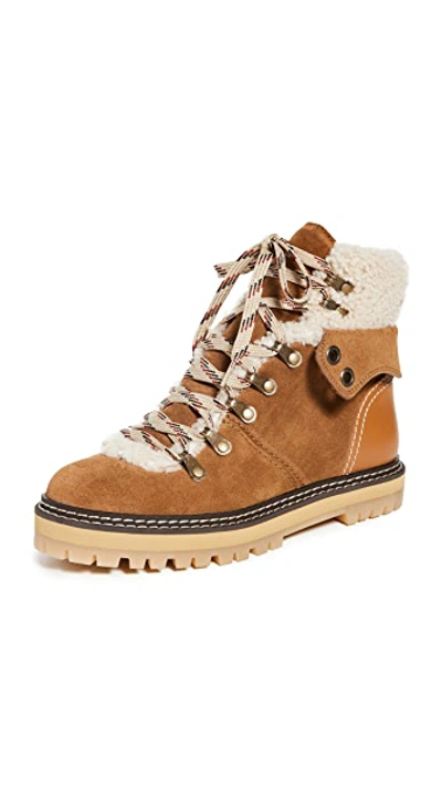 See By Chloé Eilieen Shearling-lined Suede And Leather Ankle Boots In Tan