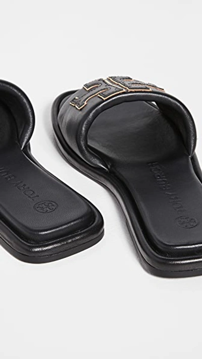 Tory Burch Double T Leather Slides In Perfect Black/gold